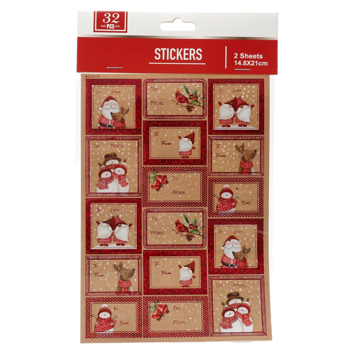 32 Geschenkanhänger-Sticker mit Folienprägung, Weihnachten (Rot/Natur)