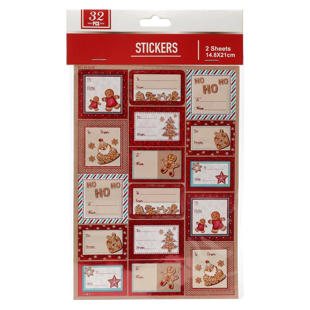 32 Geschenkaufkleber mit Weihnachts-Design für Geschenke, 2 Bögen (Rot)
