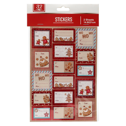 32 Geschenkaufkleber mit Weihnachts-Design für Geschenke, 2 Bögen (Rot)