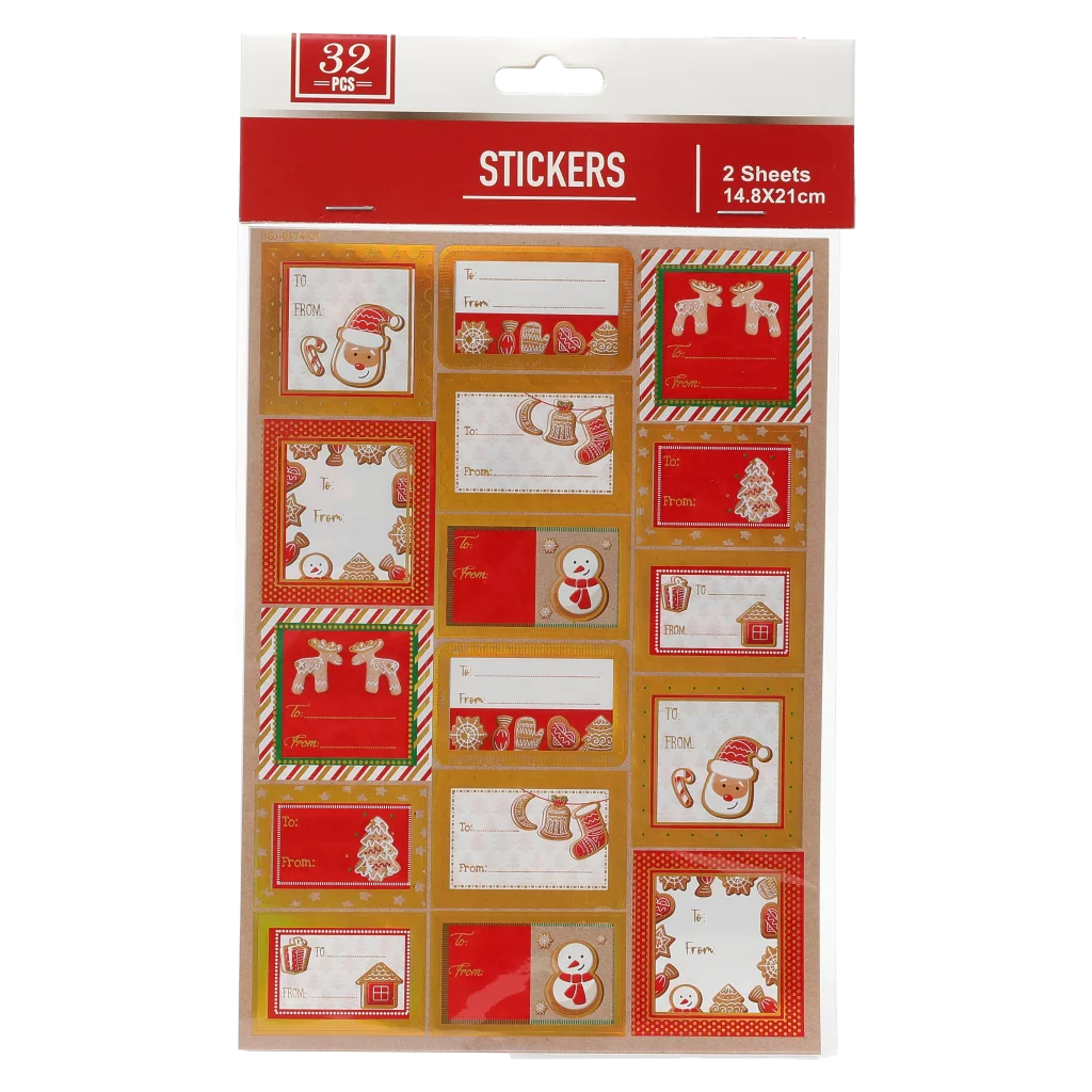 32 selbstklebende Geschenkaufkleber mit Weihnachts-Design, Folienprägung (Rot/Grün)