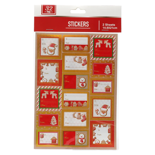 32 selbstklebende Geschenkaufkleber mit Weihnachts-Design, Folienprägung (Rot/Grün)