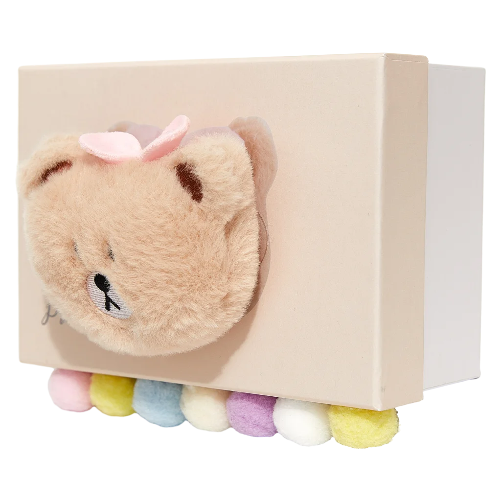 Geschenkbox aus Karton mit Bär-Design und Pompoms (Beige/Mehrfarbig)