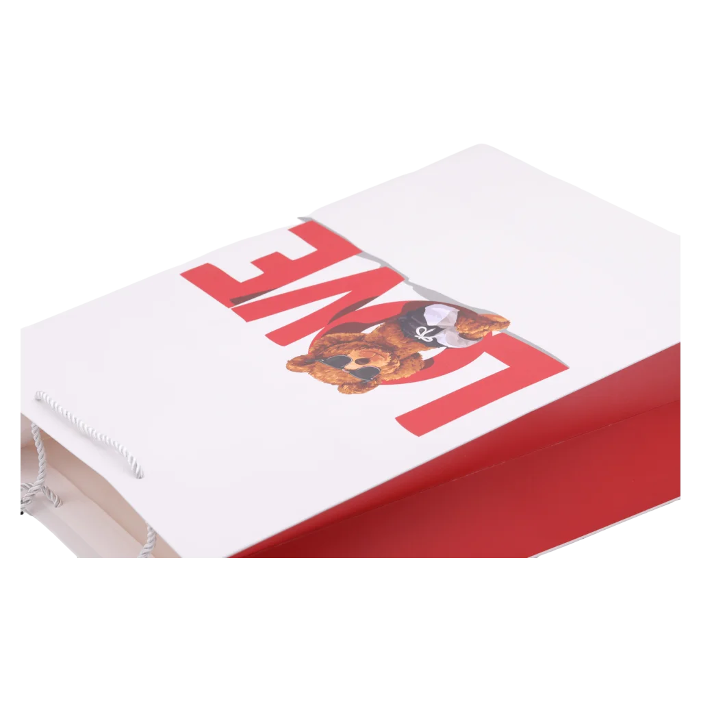 Große Geschenkpapiertragetasche mit Bär-Design, stabil (Rot/Weiß)