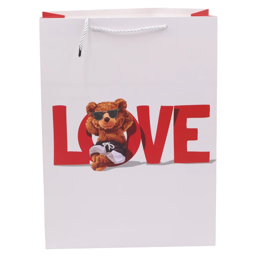 Große Geschenkpapiertragetasche mit Bär-Design, stabil (Rot/Weiß)