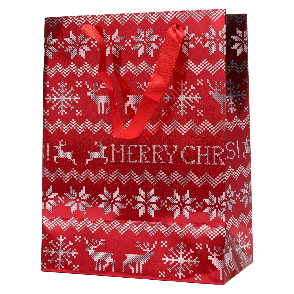 Geschenktasche mit Schneeflocken- und Rentier-Design (Rot) für Weihnachten