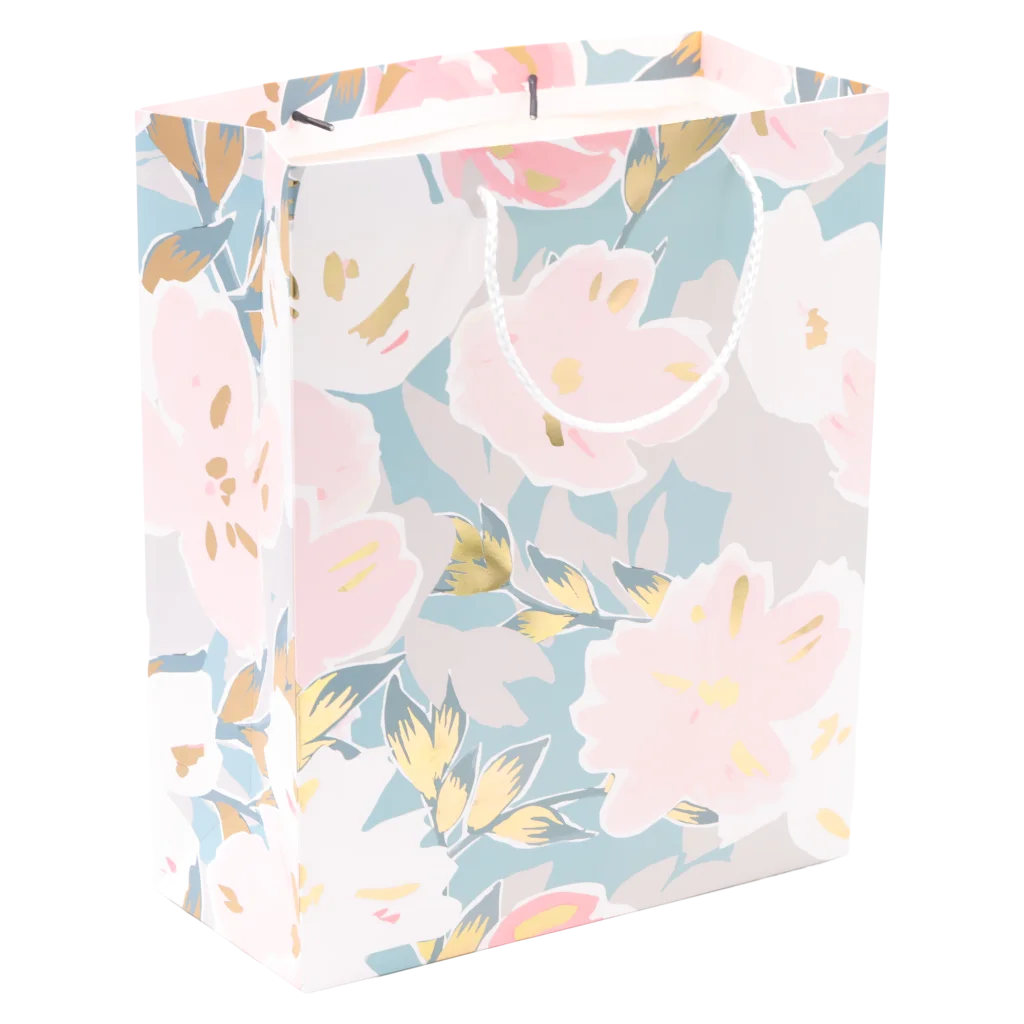Geschenktüte aus weißem Karton mit Blumen-Design (Pastell)