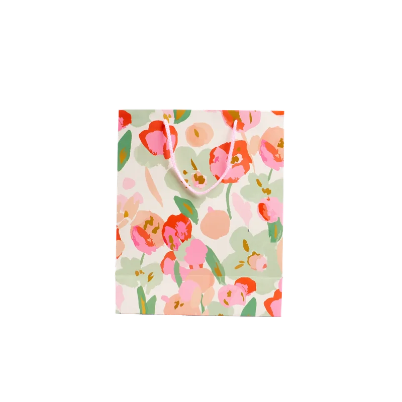 Geschenktüte Papier mittel mit Blumen-Design (Rosa/Grün)