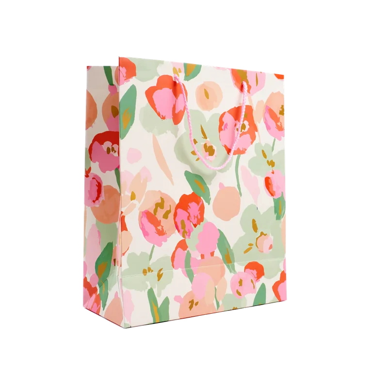 Geschenktüte Papier mittel mit Blumen-Design (Rosa/Grün)