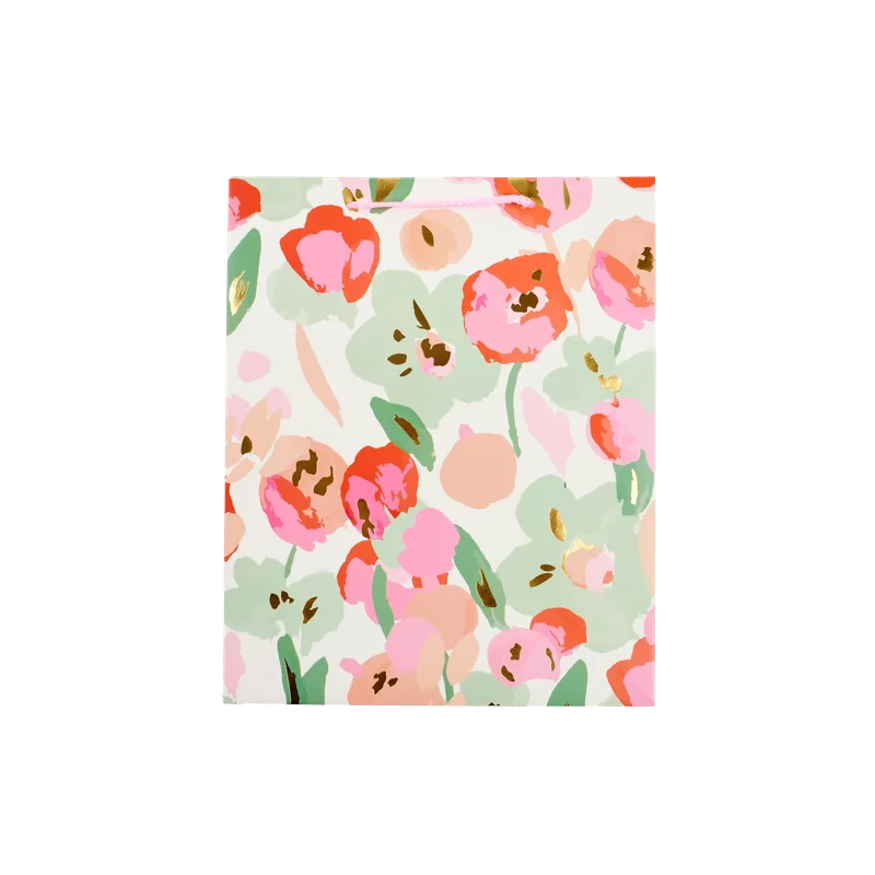 Geschenktüte Papier mittel mit Blumen-Design (Rosa/Grün)