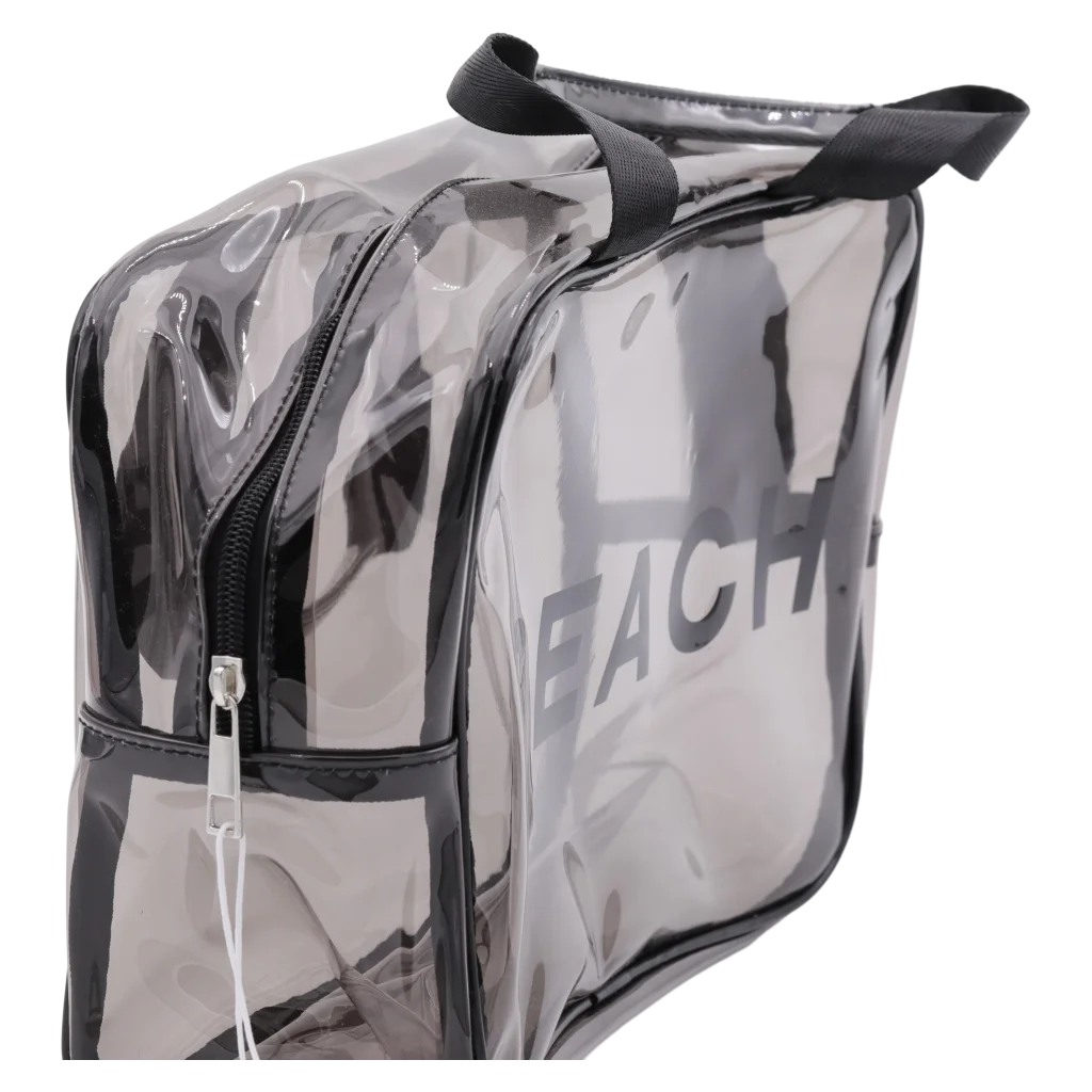Große Kulturtasche aus Stoff-PVC mit BEACH-Print, transparent (Schwarz)