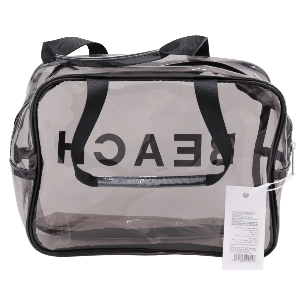 Große Kulturtasche aus Stoff-PVC mit BEACH-Print, transparent (Schwarz)