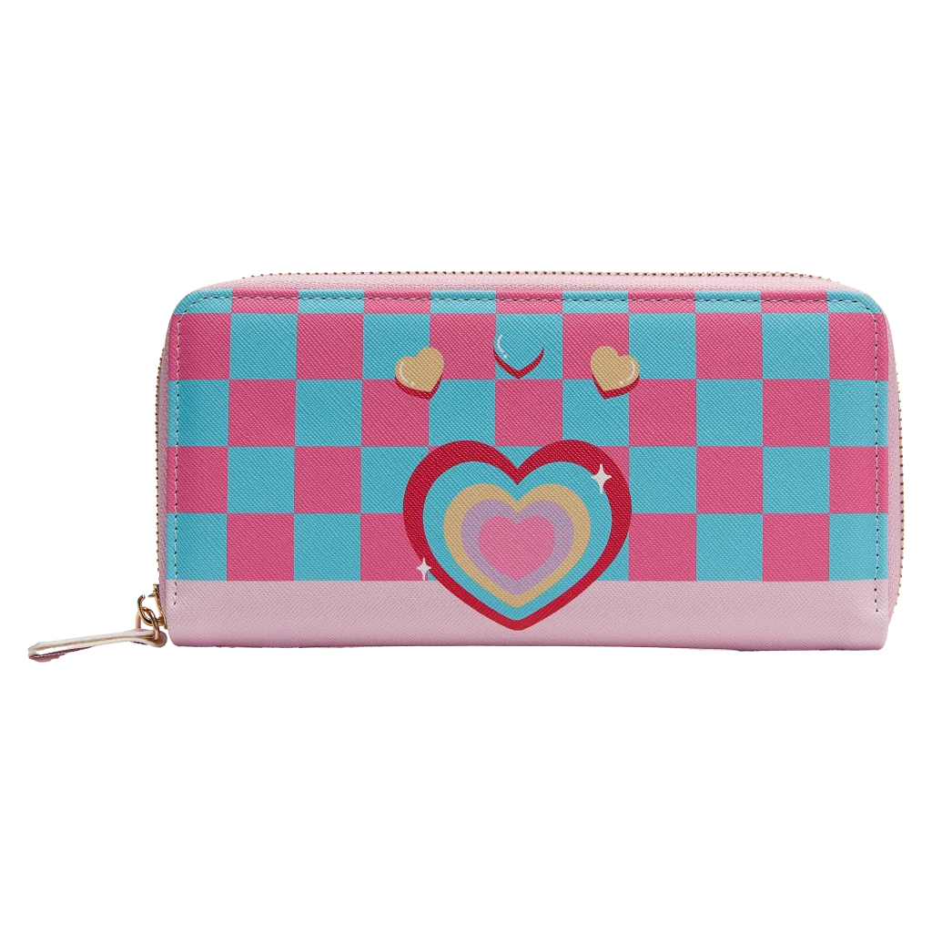 Große Kunstleder-Geldbörse mit Herz-Design und Schachbrettmuster (Pink/Blau)