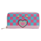 Große Kunstleder-Geldbörse mit Herz-Design und Schachbrettmuster (Pink/Blau)