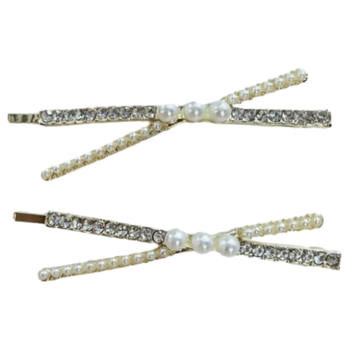 2er-Set Haarspangen aus Metalllegierung mit Strass und Perlen (Gold/Weiß)