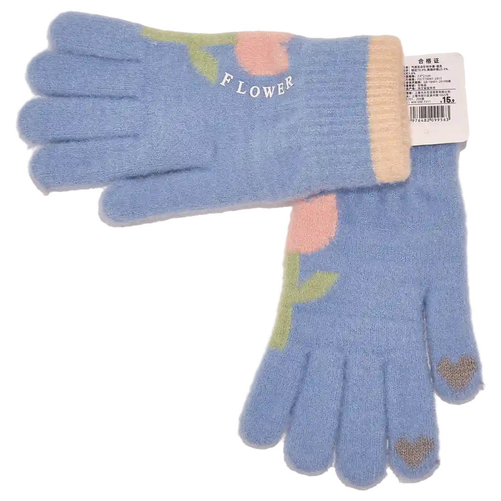 Damen Strickhandschuhe mit Blumen-Design – Blau