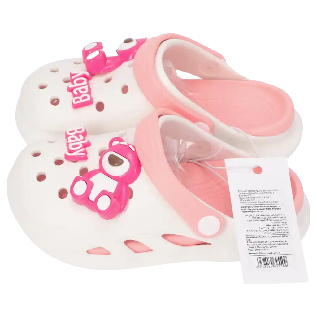Kinder-Gartenclogs aus EVA mit Bärchen-Design (Weiß/Pink), Größe 35–36