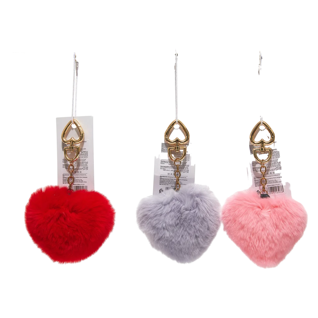 Herz-Pompom Taschenanhänger aus Oryctolagus-Pelz (Rot/Lila/Rosa)