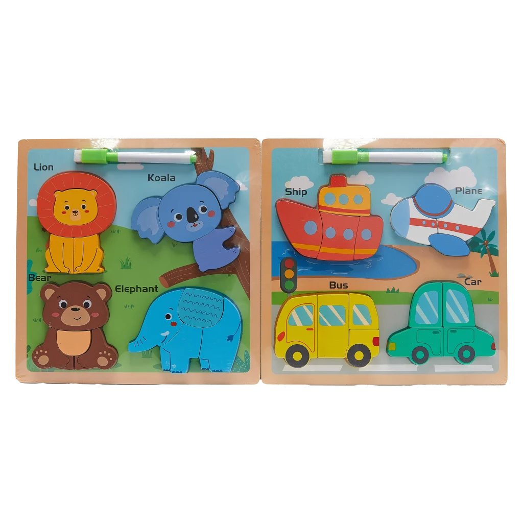 4-in-1 Holzpuzzle mit Tier- und Fahrzeug-Design für Kinder ab 3 Jahren (Mehrfarbig)