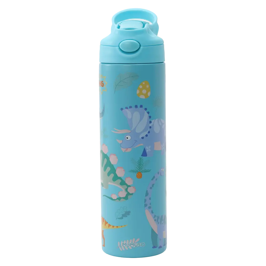 Isolierte Kinder-Trinkflasche aus Edelstahl, 500 ml mit Dinosaurier-Design (Blau)
