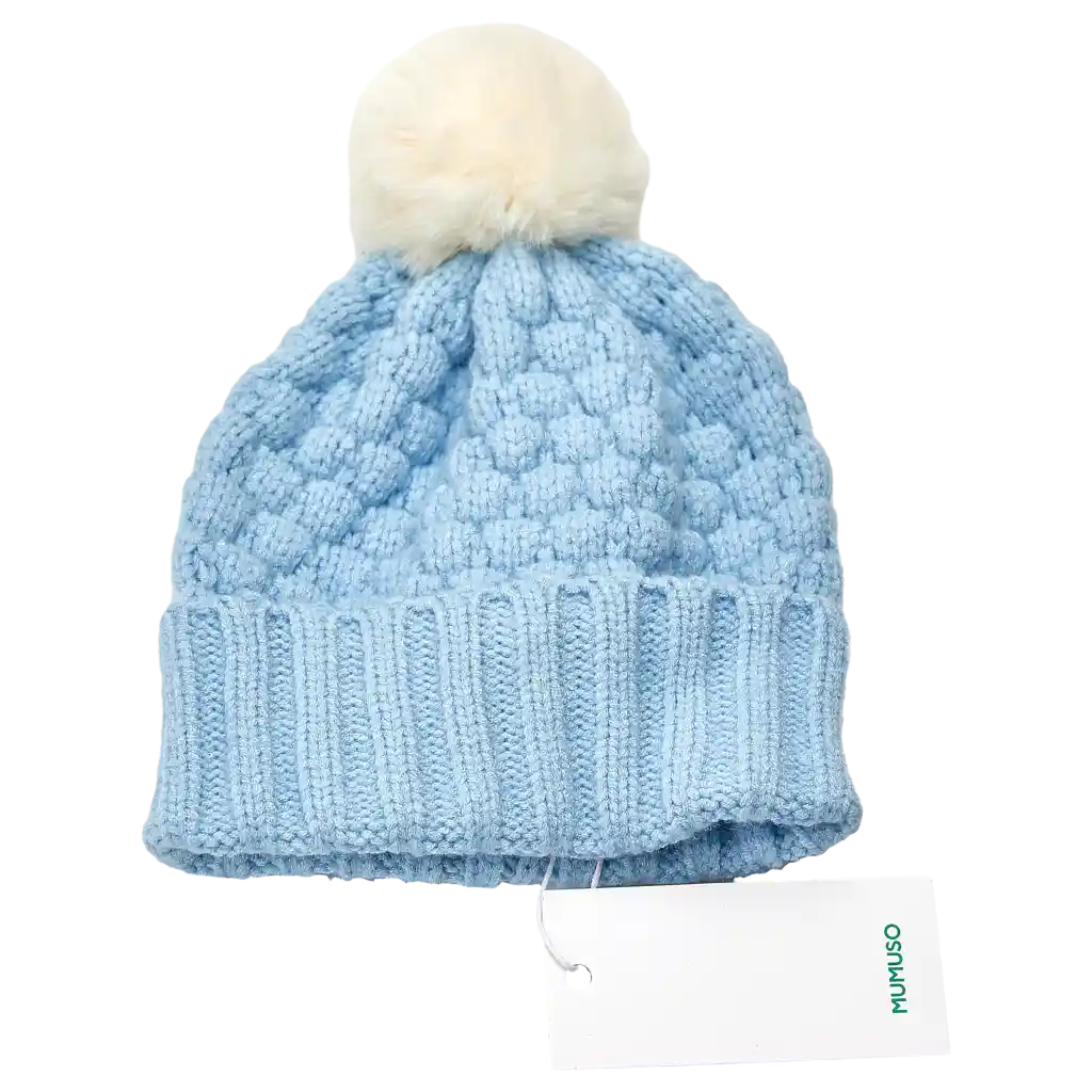 Gestrickte Kinder Wintermütze mit Bommel (Blau)