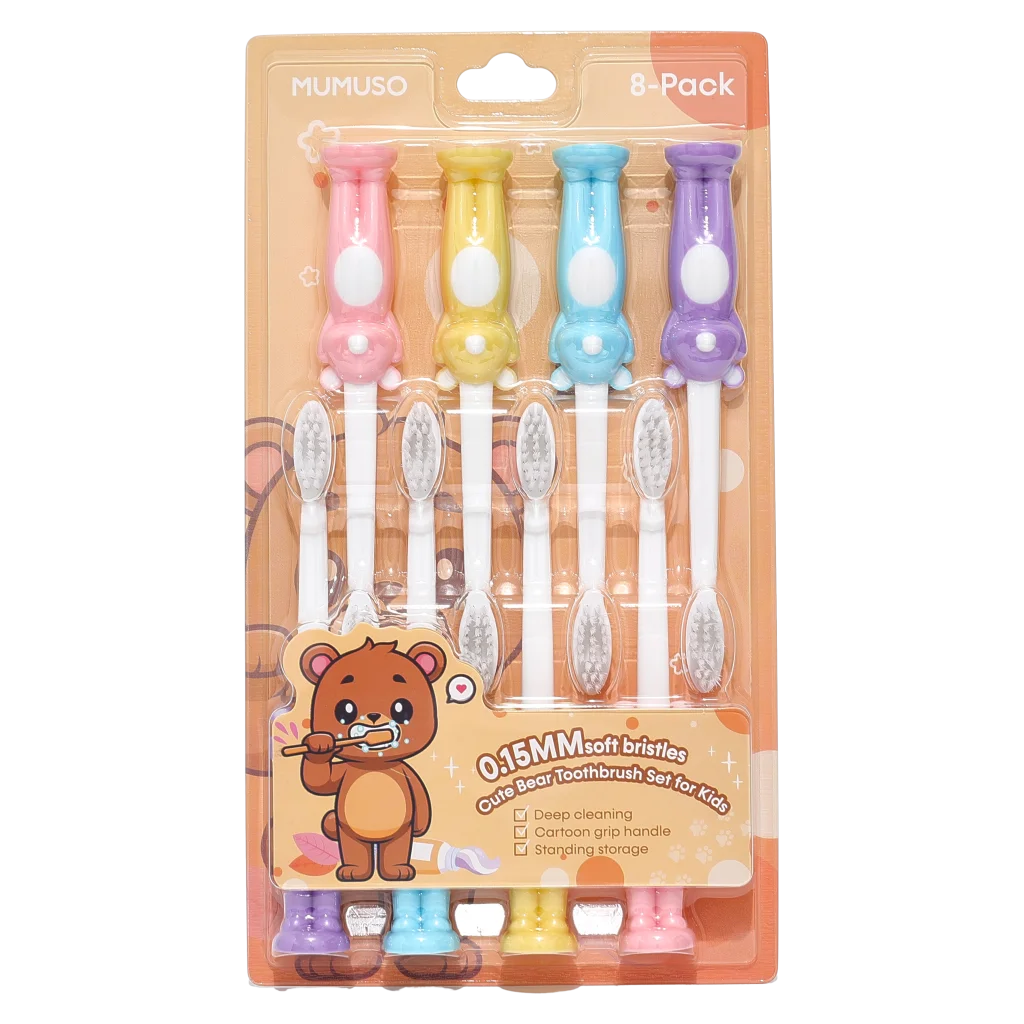 8er-Pack Kinderzahnbürsten mit Bären-Design, weiche Borsten (Rosa/Gelb/Blau/Lila)