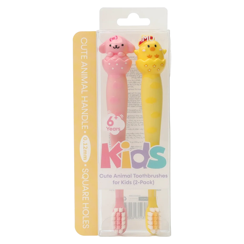 2er-Set Kinderzahnbürsten mit Tier-Design (Rosa/Gelb)