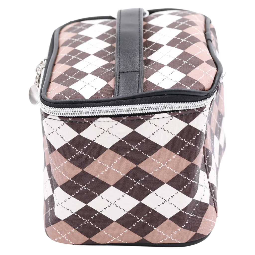 Kosmetiktasche aus Kunstleder mit kariertem Design (Camel/Braun/Weiß)
