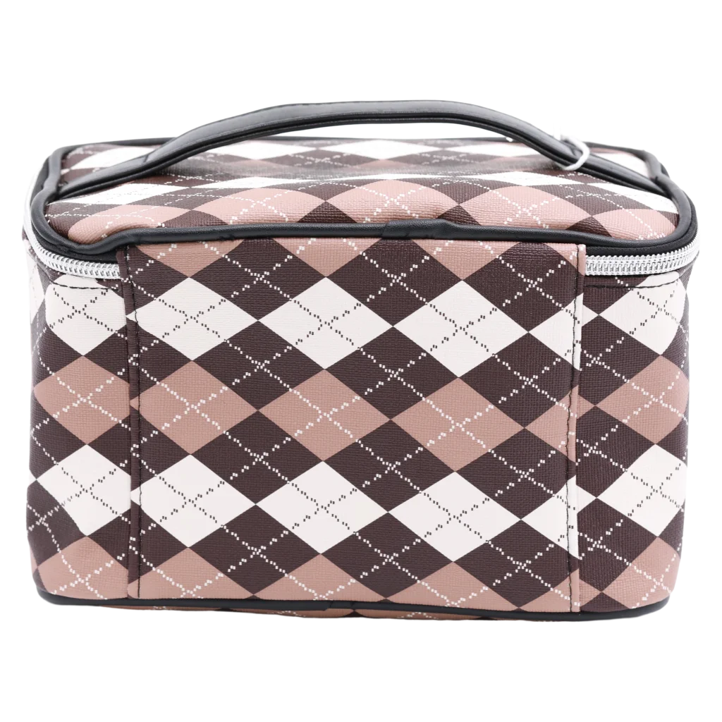 Kosmetiktasche aus Kunstleder mit kariertem Design (Camel/Braun/Weiß)