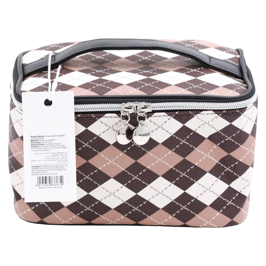 Kosmetiktasche aus Kunstleder mit kariertem Design (Camel/Braun/Weiß)