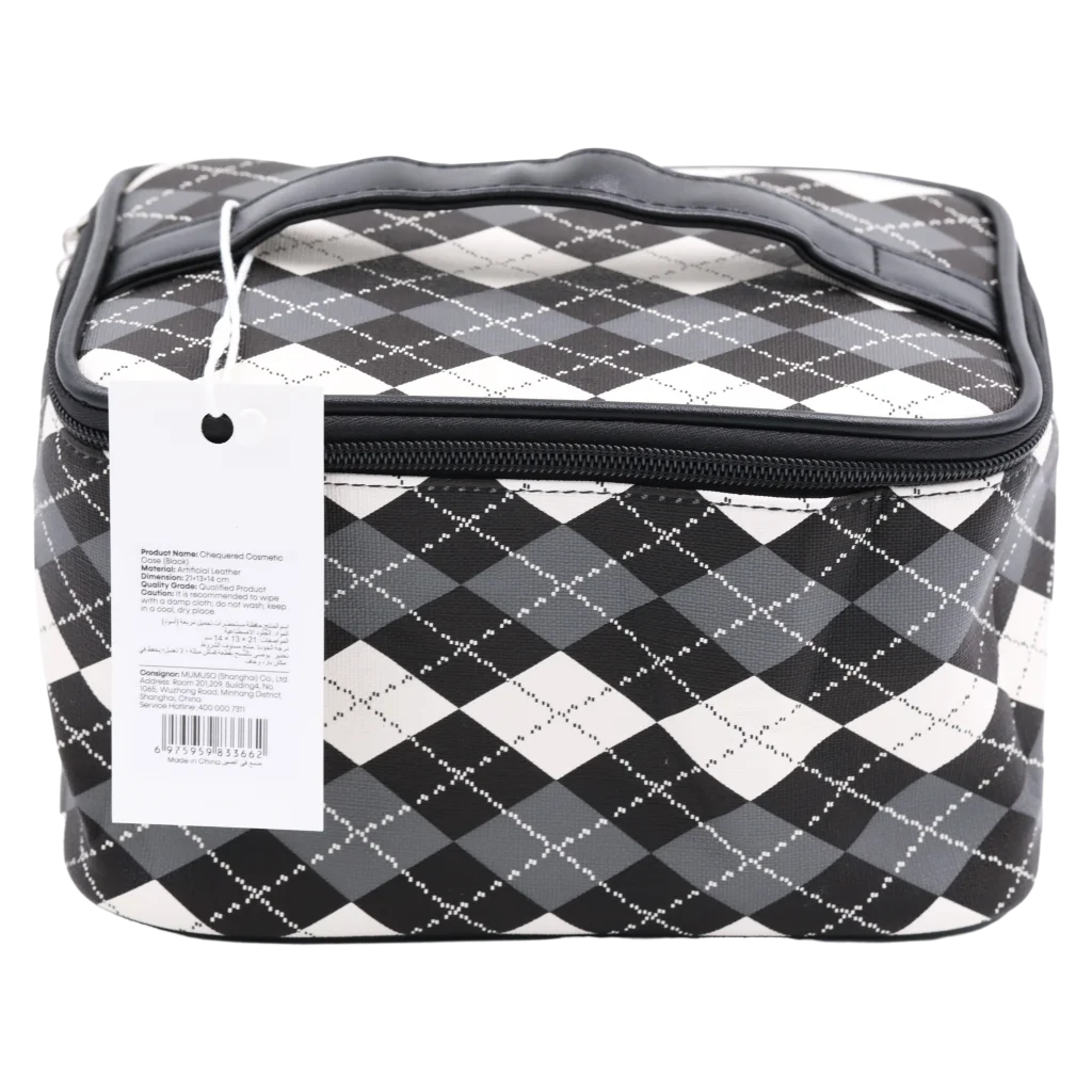 Kosmetiktasche aus Kunstleder mit Karodesign (Schwarz/Weiß)