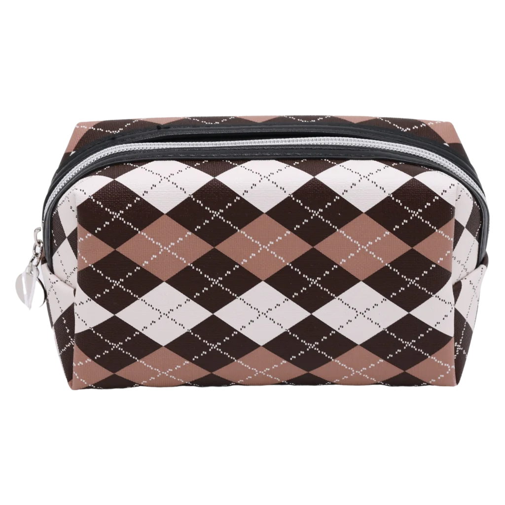 Rechteckige Kosmetiktasche aus Kunstleder mit Rautenmuster-Design (Camel/Braun/Weiß)
