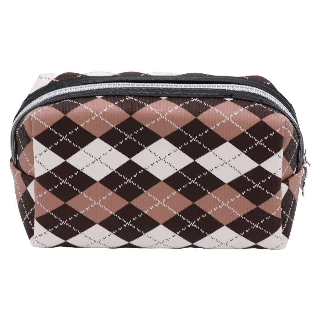 Rechteckige Kosmetiktasche aus Kunstleder mit Rautenmuster-Design (Camel/Braun/Weiß)