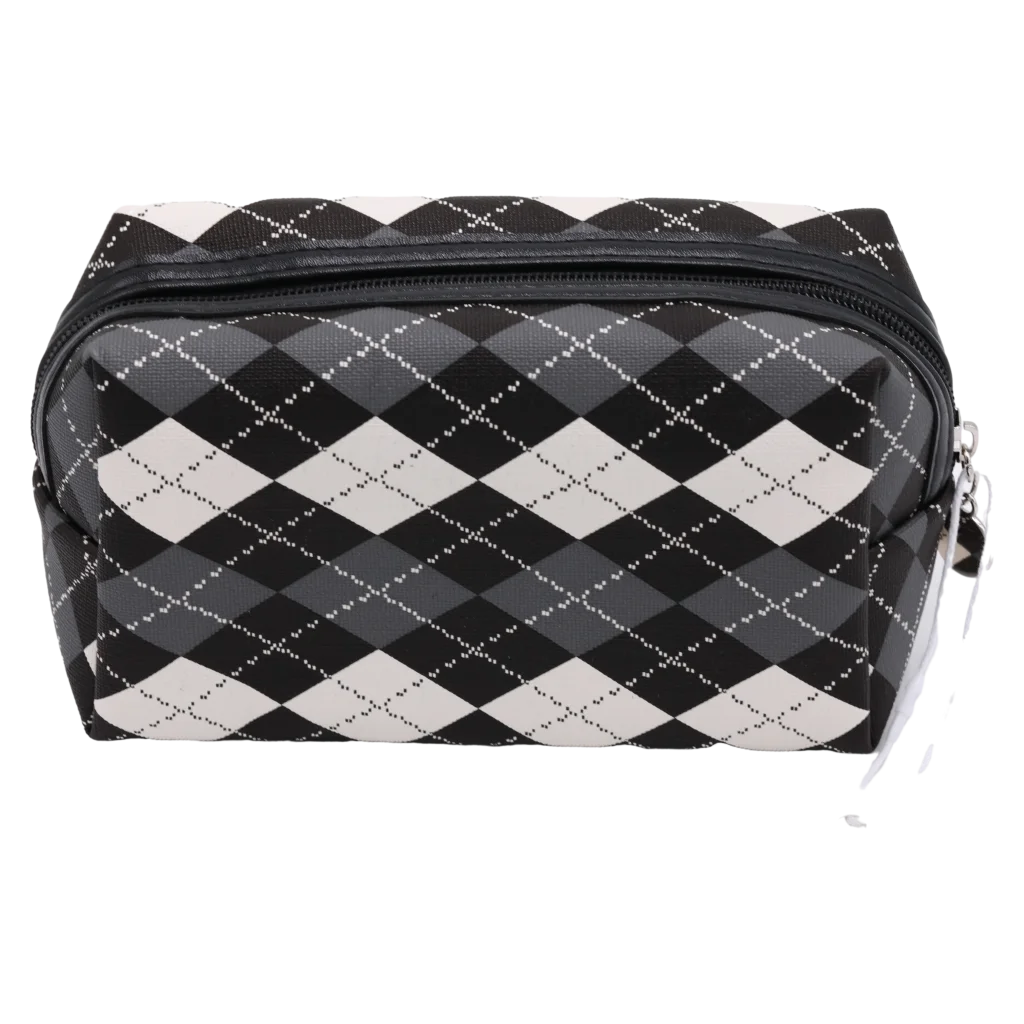 Rechteckige Kunstleder-Kosmetiktasche mit Schachbrett-Design (Schwarz/Weiß)