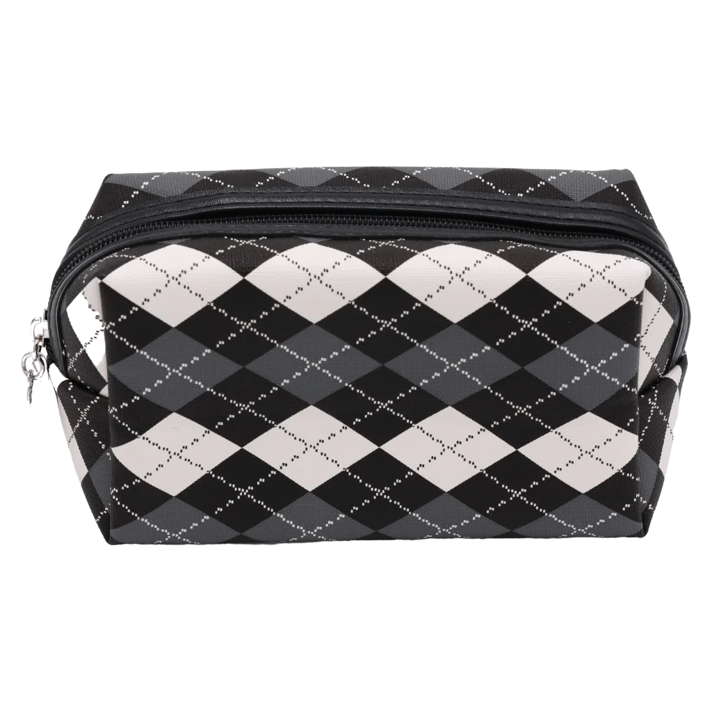 Rechteckige Kunstleder-Kosmetiktasche mit Schachbrett-Design (Schwarz/Weiß)