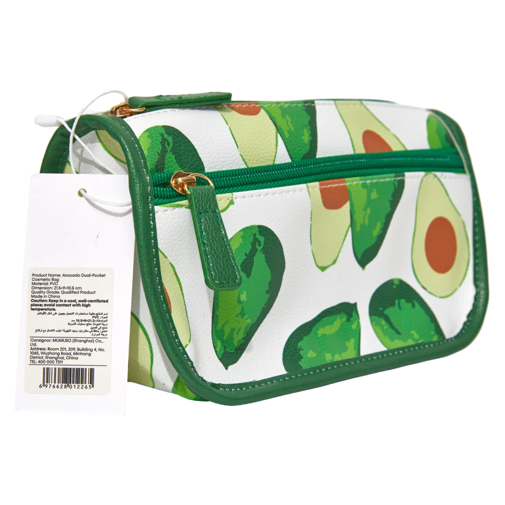 Kosmetiktasche aus PVC mit Avocado-Design, duales Fach (Weiß/Grün)