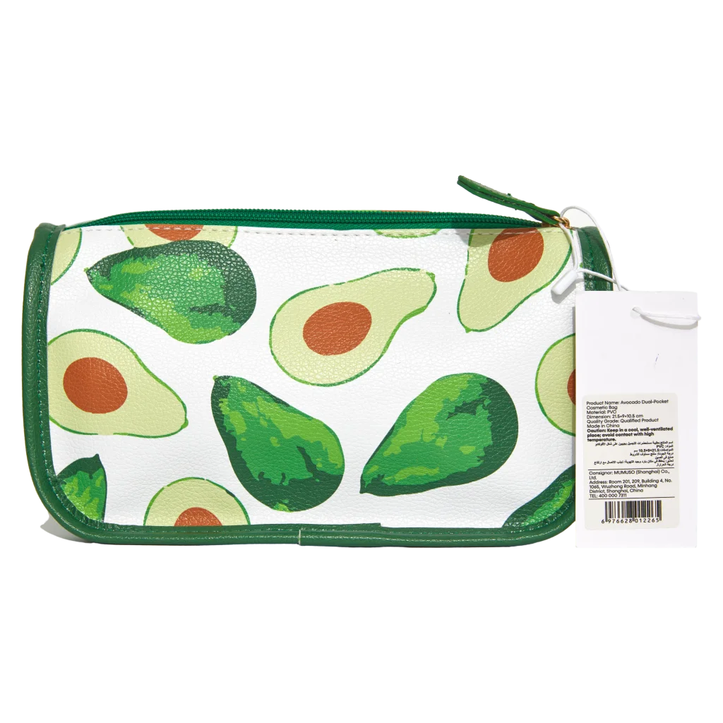 Kosmetiktasche aus PVC mit Avocado-Design, duales Fach (Weiß/Grün)