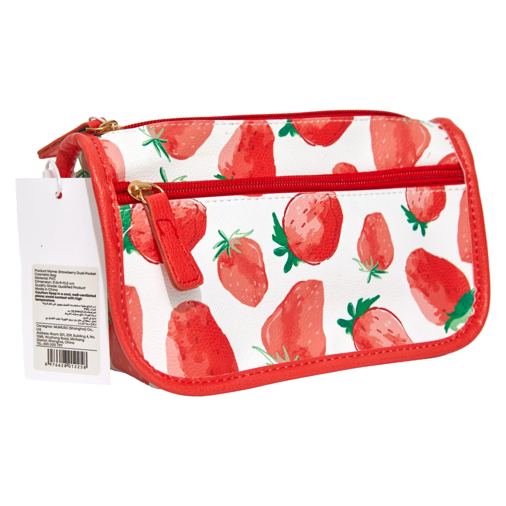 Kosmetiktasche aus PVC mit zwei Fächern und Erdbeer-Design (Rot/Weiß)