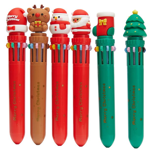 10-in-1 Kugelschreiber mit Weihnachts-Design, Mehrfarbig (Rot/Braun/Grün)