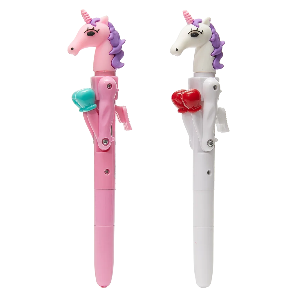 Kugelschreiber aus Kunststoff mit Einhorn-Design und Boxhandschuhen (Weiß/Rosa)