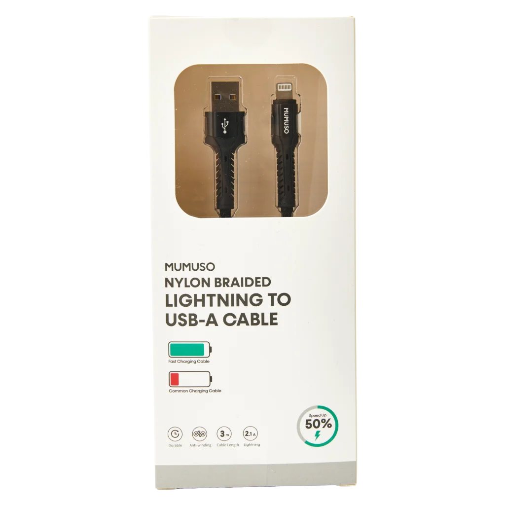 Lightning-auf-USB-A-Kabel, 3 m Nylon geflochten (Schwarz)
