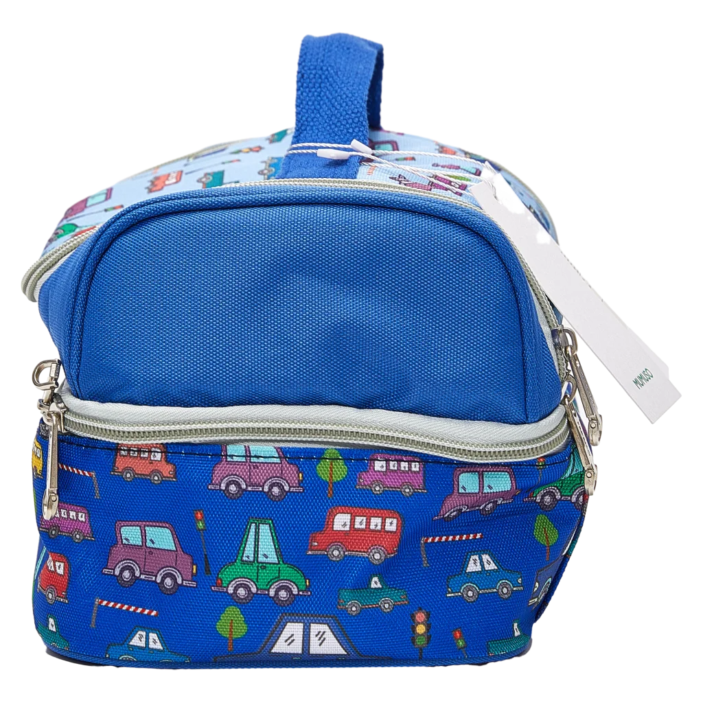 Doppellagige Polyester-Lunch-Bag mit Auto-Design, isoliert (Blau)