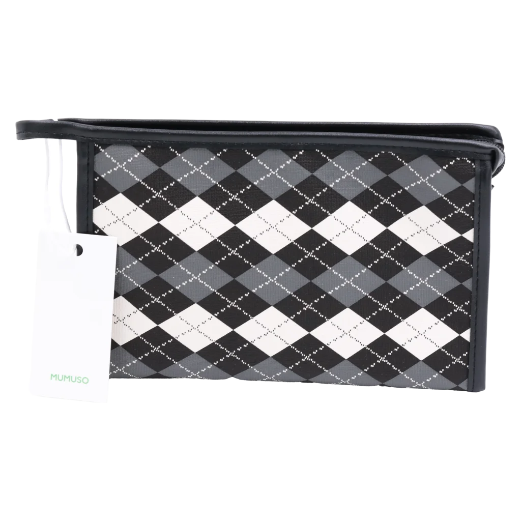 Make-up-Tasche aus Kunstleder mit Rautenmuster-Design (Schwarz/Weiß/Grau)