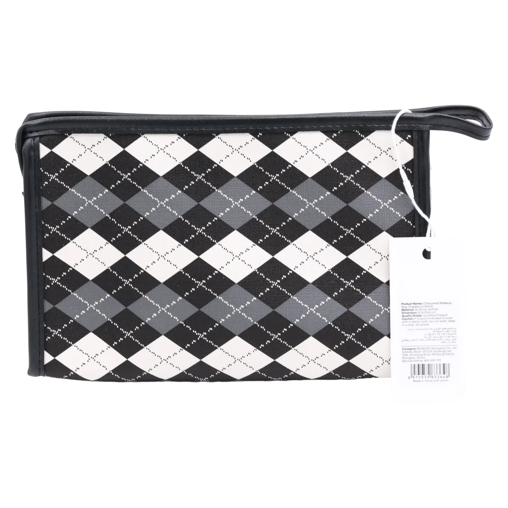Make-up-Tasche aus Kunstleder mit Rautenmuster-Design (Schwarz/Weiß/Grau)