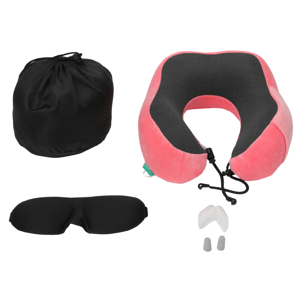 Nackenkissen-Set aus Memory Foam mit Augenmaske und Ohrstöpseln, ergonomisch, waschbar (Pink/Schwarz)