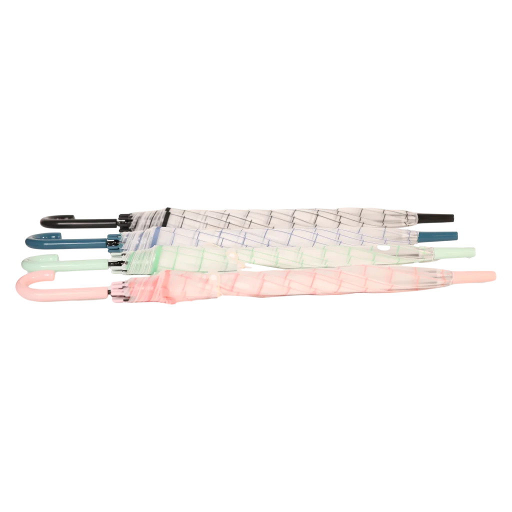 Transparenter Fiberglas-Regenschirm mit Raster-Design, J-Griff (Dunkelblau/Mint/Pink)