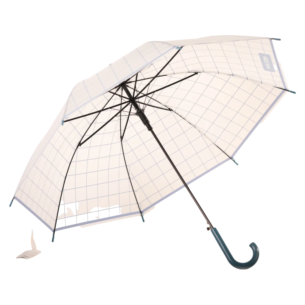 Transparenter Fiberglas-Regenschirm mit Raster-Design, J-Griff (Dunkelblau/Mint/Pink)
