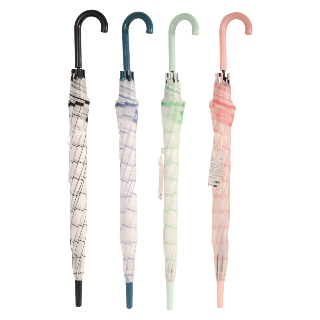 Transparenter Fiberglas-Regenschirm mit Raster-Design, J-Griff (Dunkelblau/Mint/Pink)