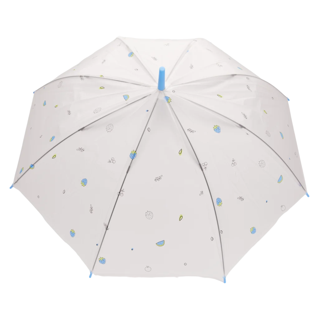 Transparenter Regenschirm mit Frucht-Print und J-Griff (Blau/Gelb/Lila/Schwarz)