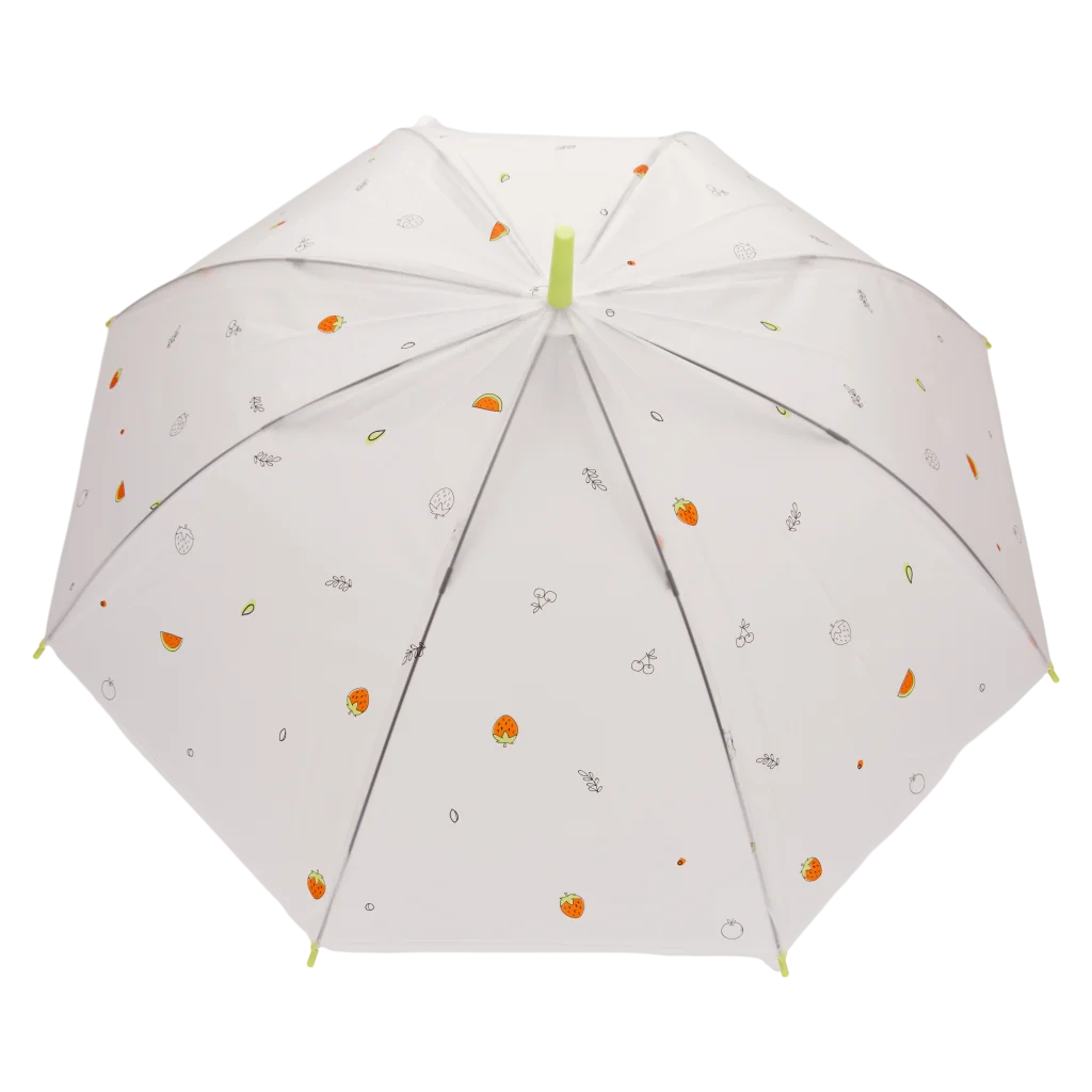 Transparenter Regenschirm mit Frucht-Print und J-Griff (Blau/Gelb/Lila/Schwarz)