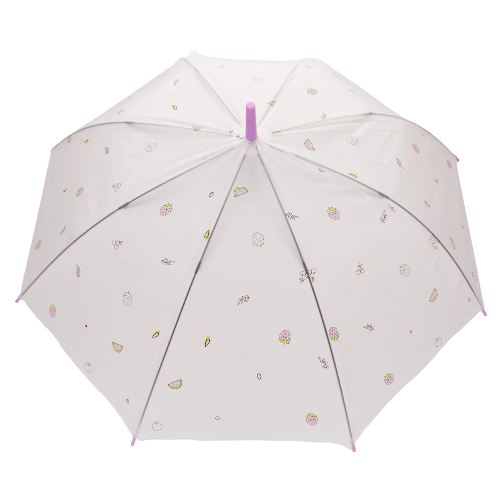 Transparenter Regenschirm mit Frucht-Print und J-Griff (Blau/Gelb/Lila/Schwarz)
